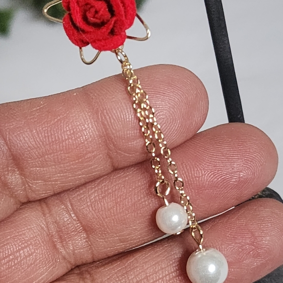 Gold with Velvet Red Rose Flower and Pearls Danglr Drop Earrings - Picture 5 of 9